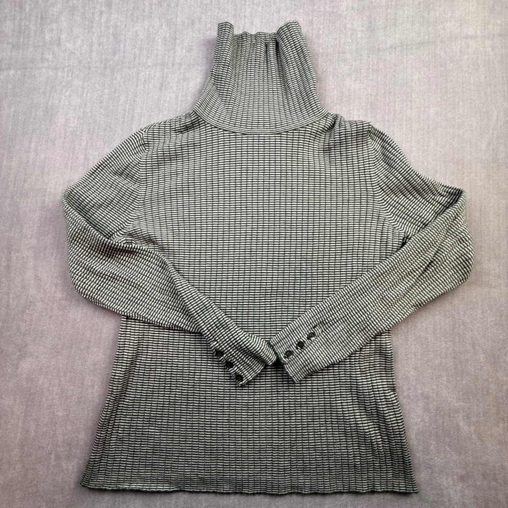 J.McLaughlin Womens‎ XL Green White Striped Turtleneck Button Cuff Ribbed Top